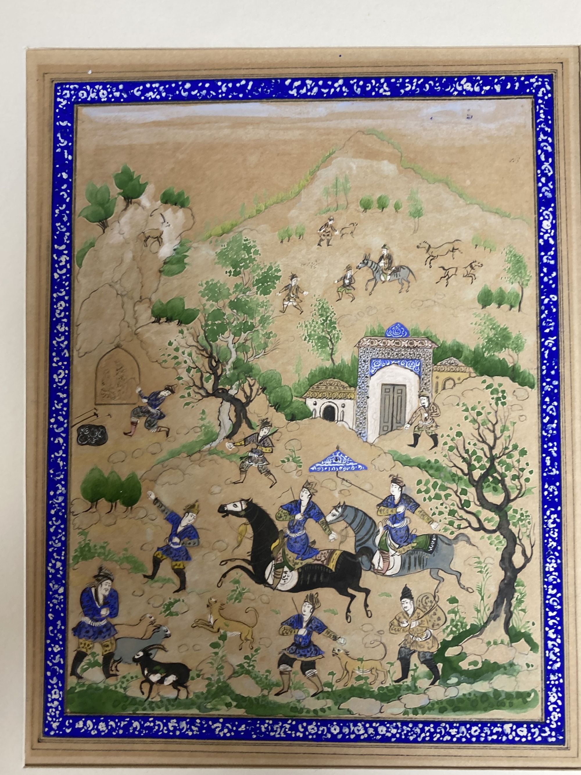 Persian School, 3 gouache on paper and silk, Hunting scenes and noblemen in a garden, largest 26 x 19cm, unframed